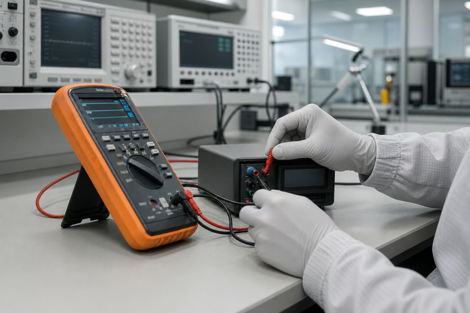 Editorial visualization of a technician connecting precision test equipment in a clean calibration laboratory