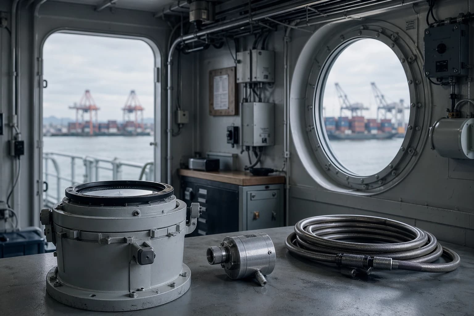 Marine industrial workspace with measurement equipment and shipyard view