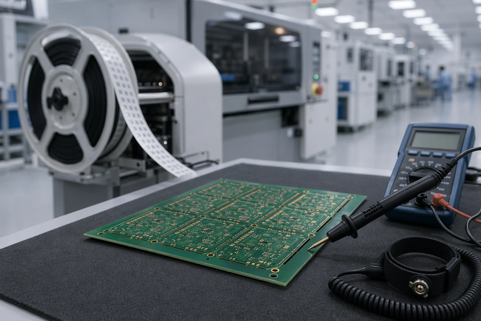 Electronics manufacturing line with circuit board test equipment