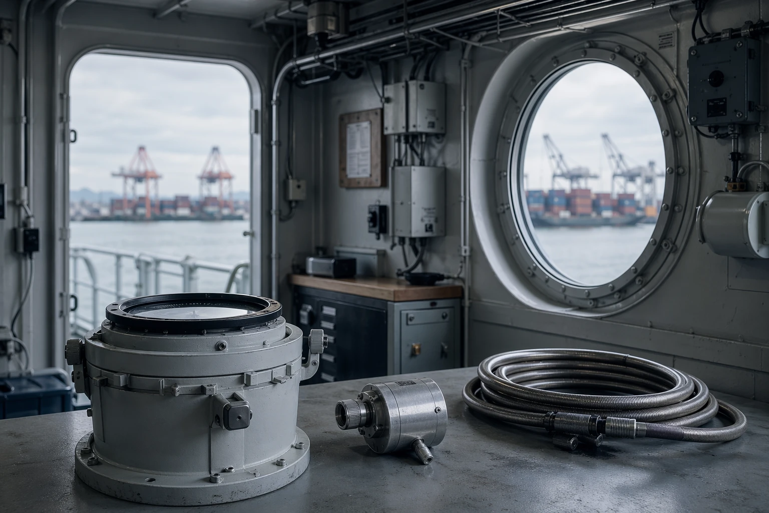 Marine industrial workspace with measurement equipment and shipyard view